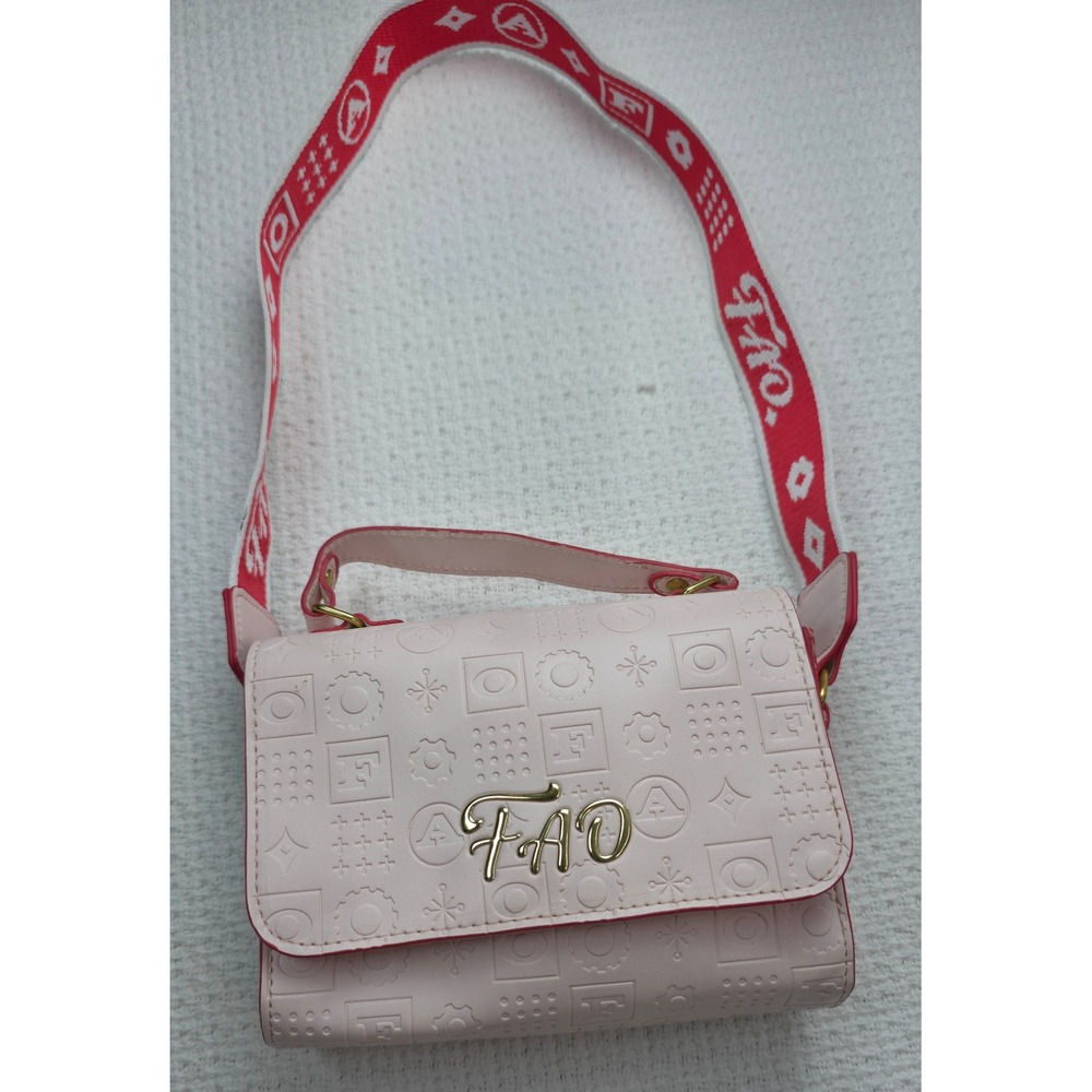 FAO Schwarz Crossbody Bag Womens Pink Embossed Logo Webbing Strap Good